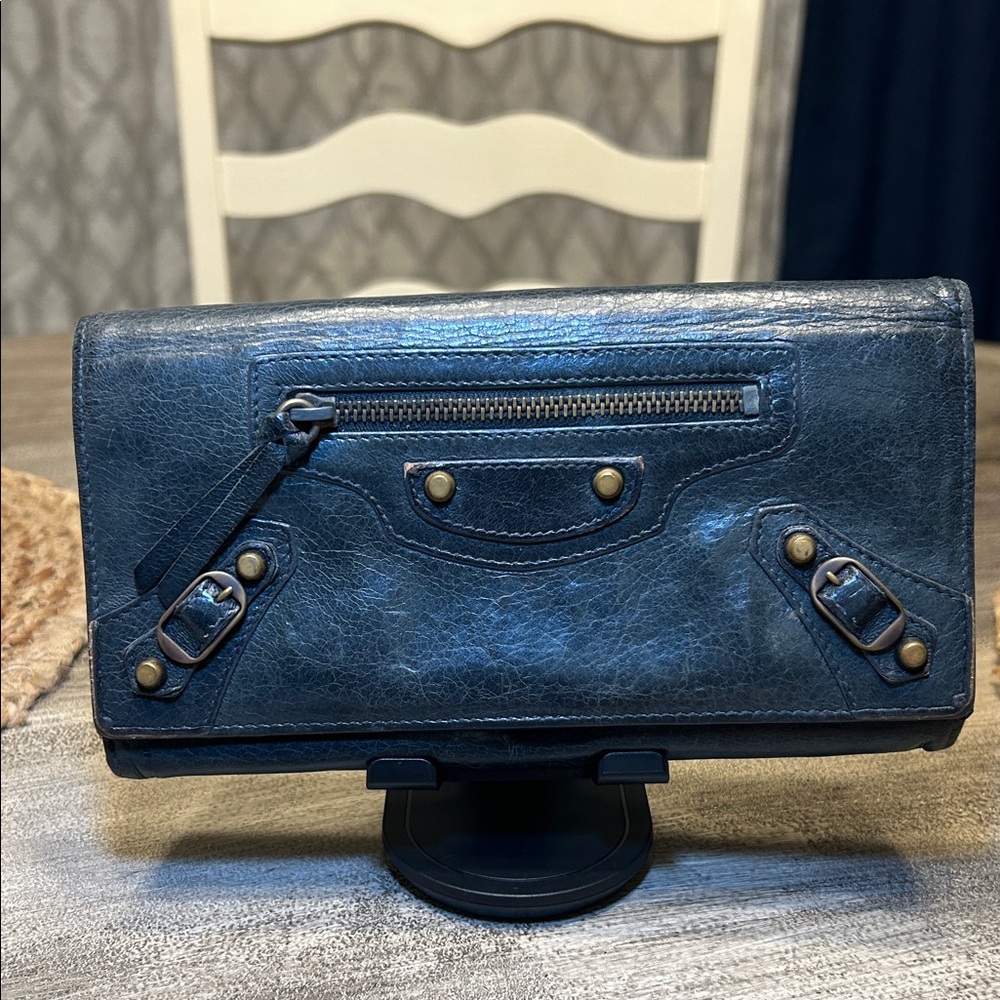 124. Balenciaga Blueish/Black Continental Leather Wallet with COA